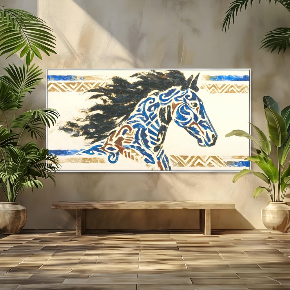 Tablou canvas cu tablou canvas cu un cal in galop, in rama de aluminiu argintiu